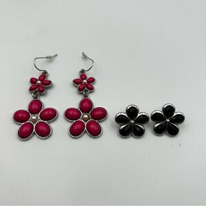 Flower Power Earrings Set of 2 Silvertone Black Stud & Pink Drop Dangle Retro